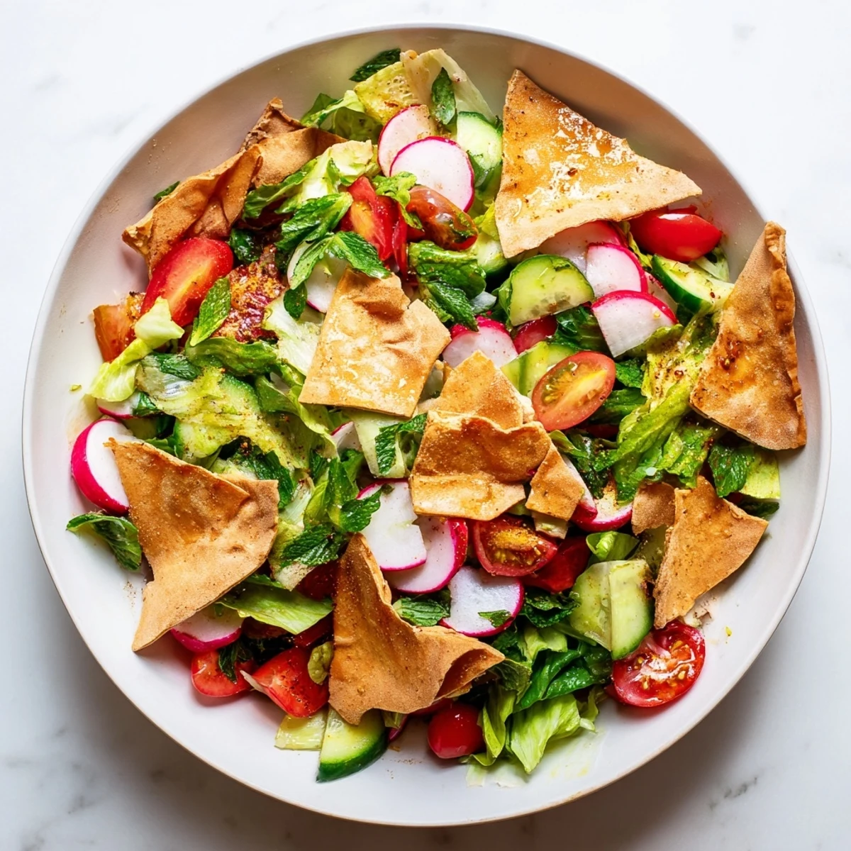 Vibrant Fattoush Crunch Salad: Imagine a bowl brimming with crisp greens and crunchy pita, ready to serve.