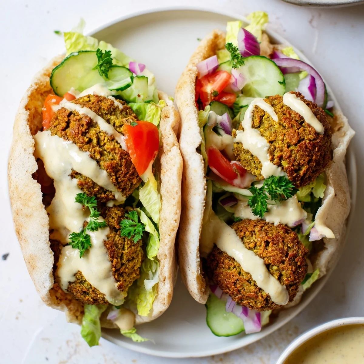 Golden, crispy falafel pita pockets filled with vibrant vegetables and creamy tahini sauce.