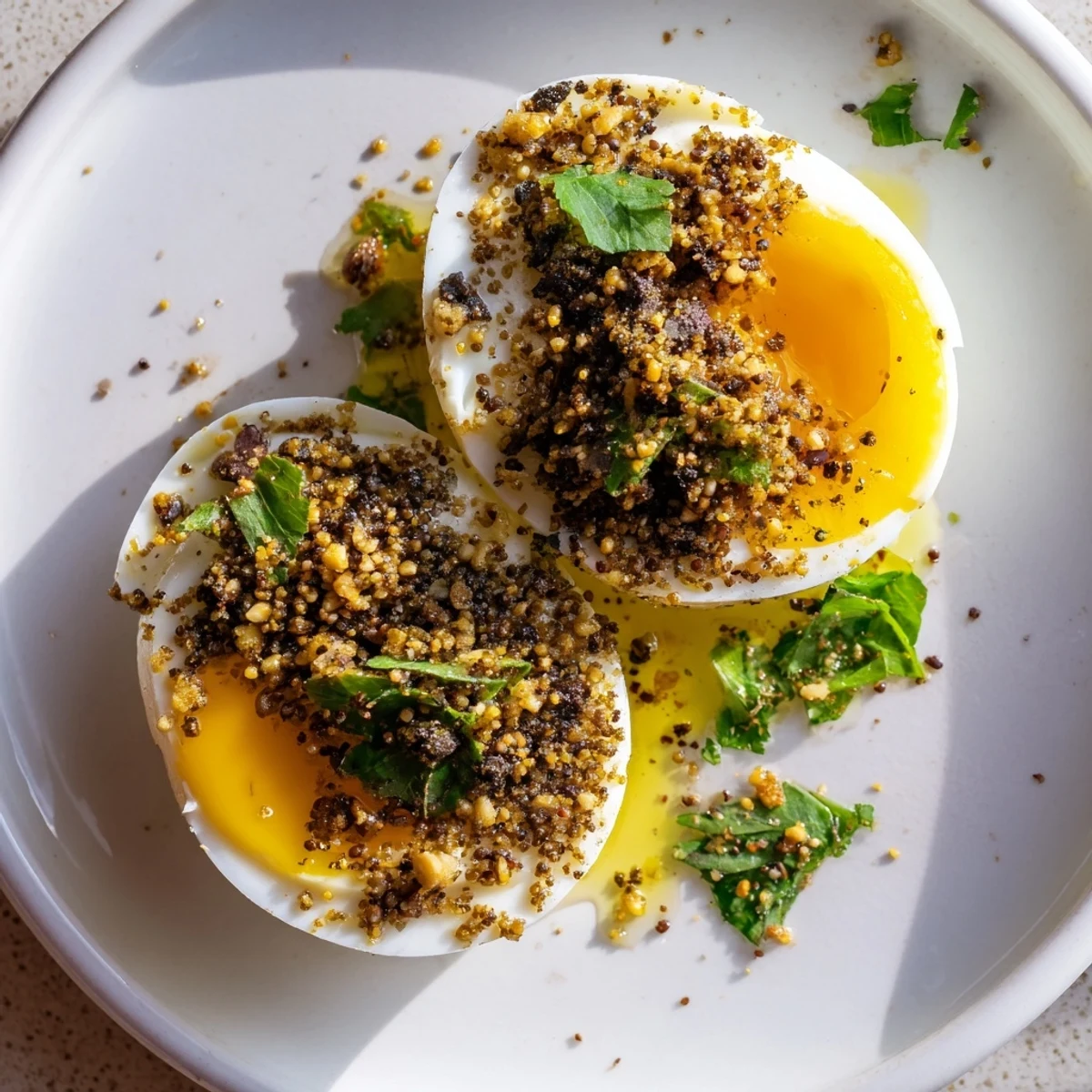 Golden-yolked Dukkah-Spiced Eggs, arranged on a platter, bursting with fresh herbs and crunchy dukkah.
