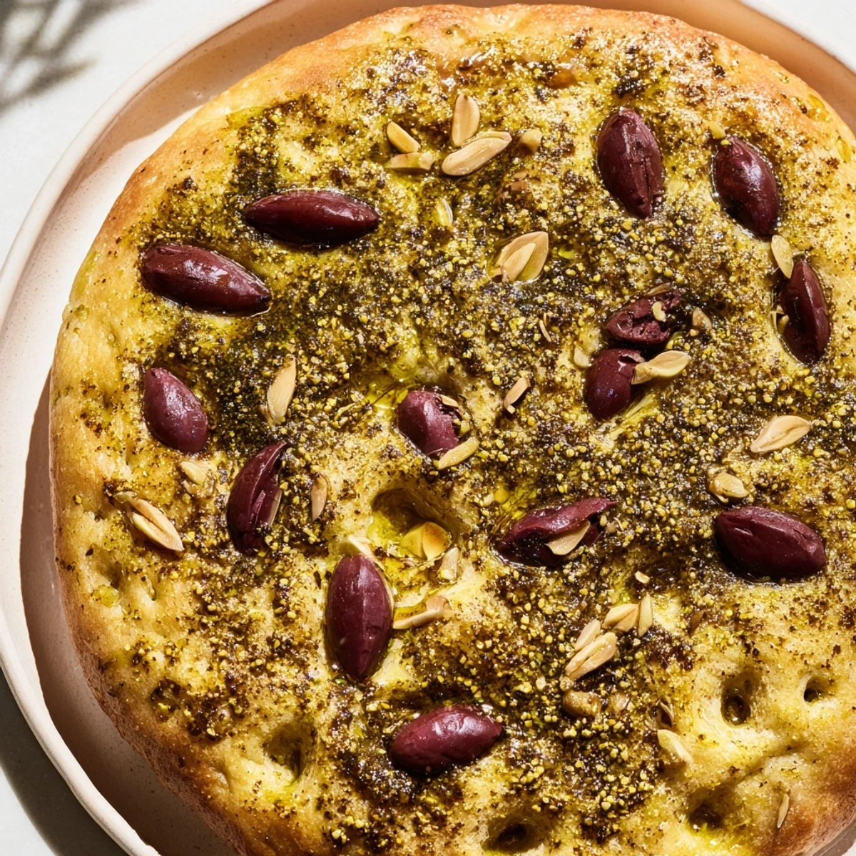 Golden-brown Zaatar Olive Focaccia, with crispy edges and sprinkled olives, ready to slice and serve.