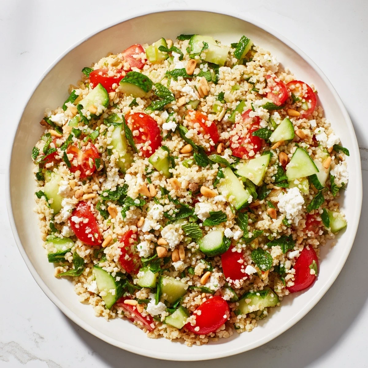 A close-up of a colorful Tabbouleh Grain Bowl brimming with fresh herbs and bright vegetables.