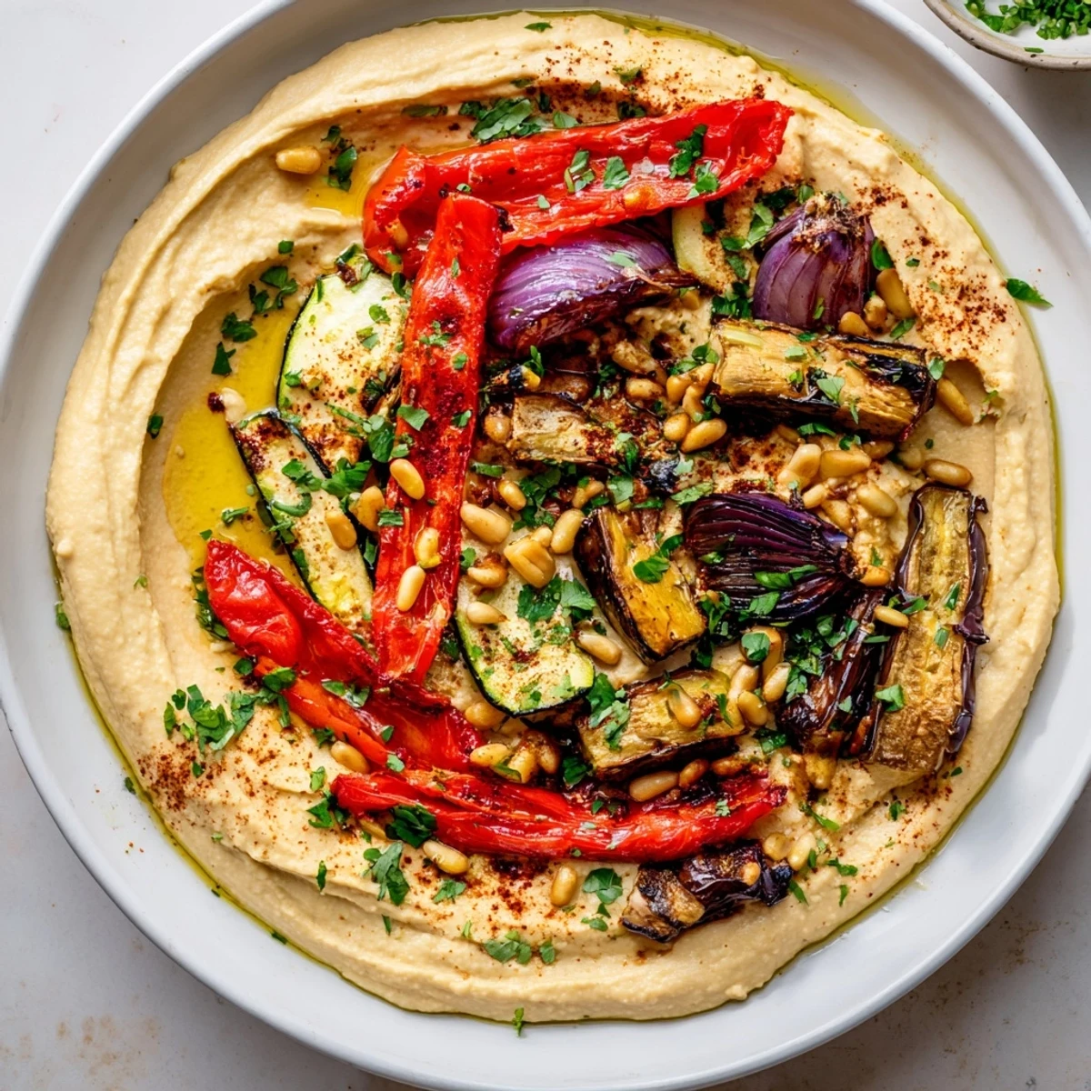 Vibrant Hummus Roasted Veggies, showing perfectly charred vegetables atop creamy hummus, ready to serve and enjoy.