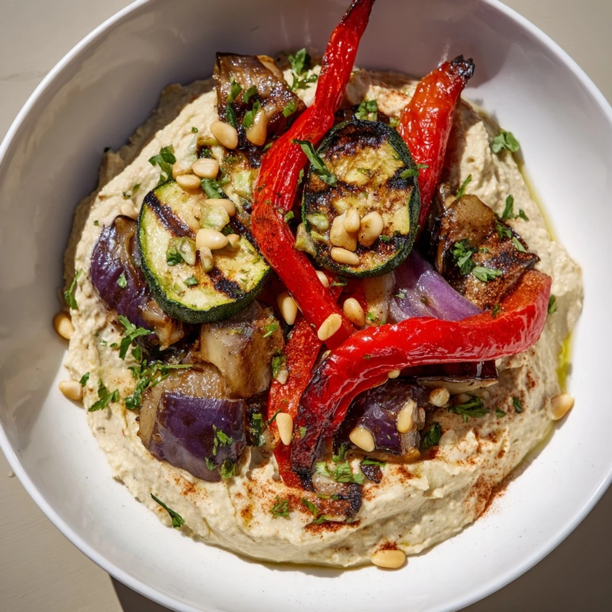 Smoky roasted vegetables perfectly complement the smooth, flavorful hummus in this easy Hummus Roasted Veggies recipe.