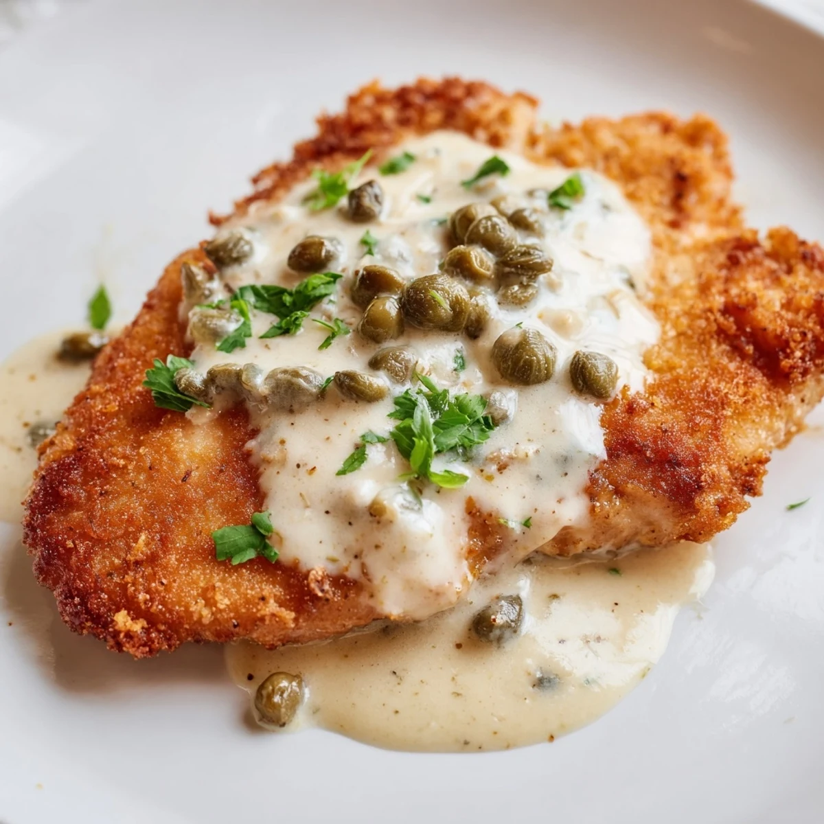 Golden, pan-fried chicken piccata resting in a creamy lemon-caper sauce beside a pile of fettuccine.