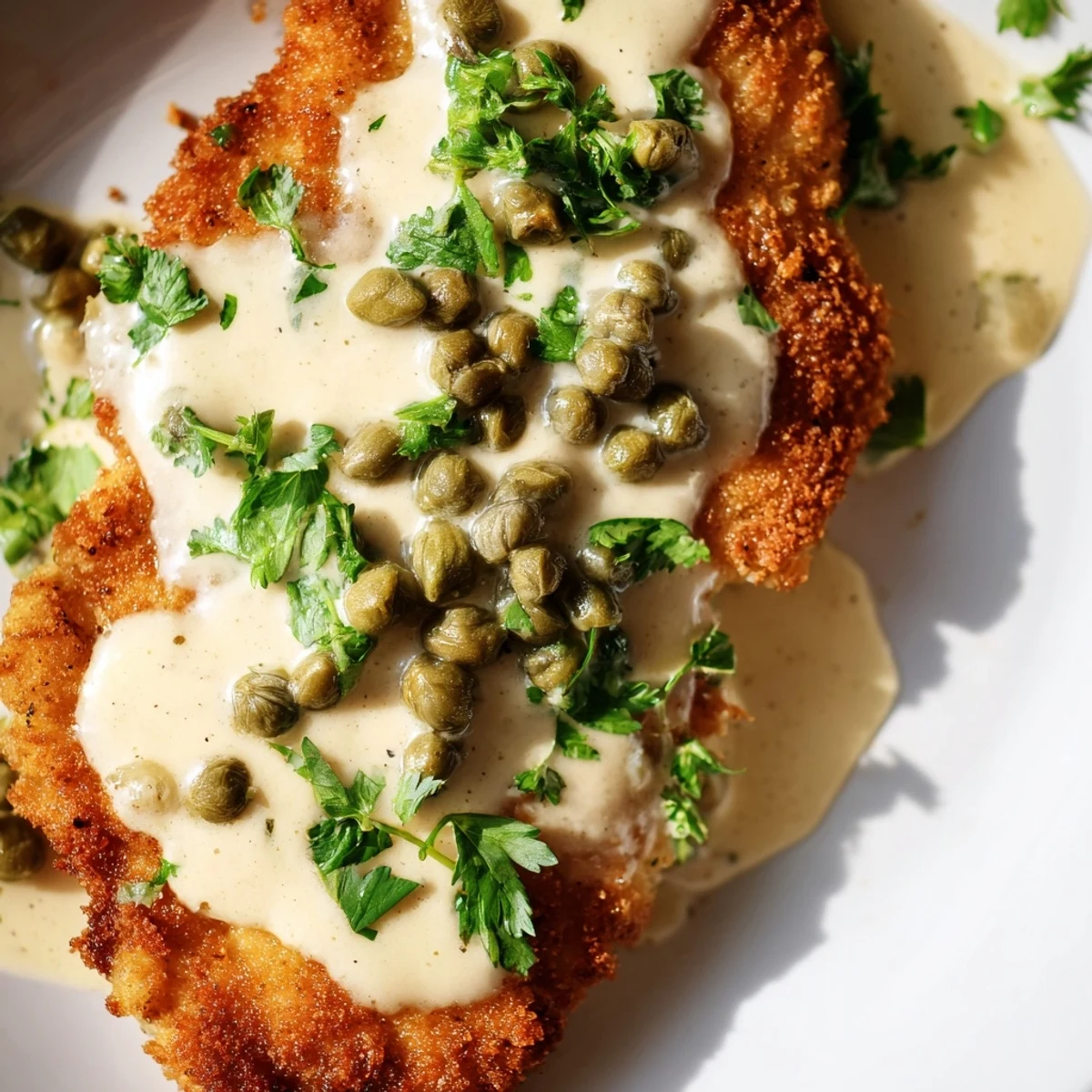 Sizzling skillet of creamy chicken piccata topped with fresh parsley, ready to serve for dinner.