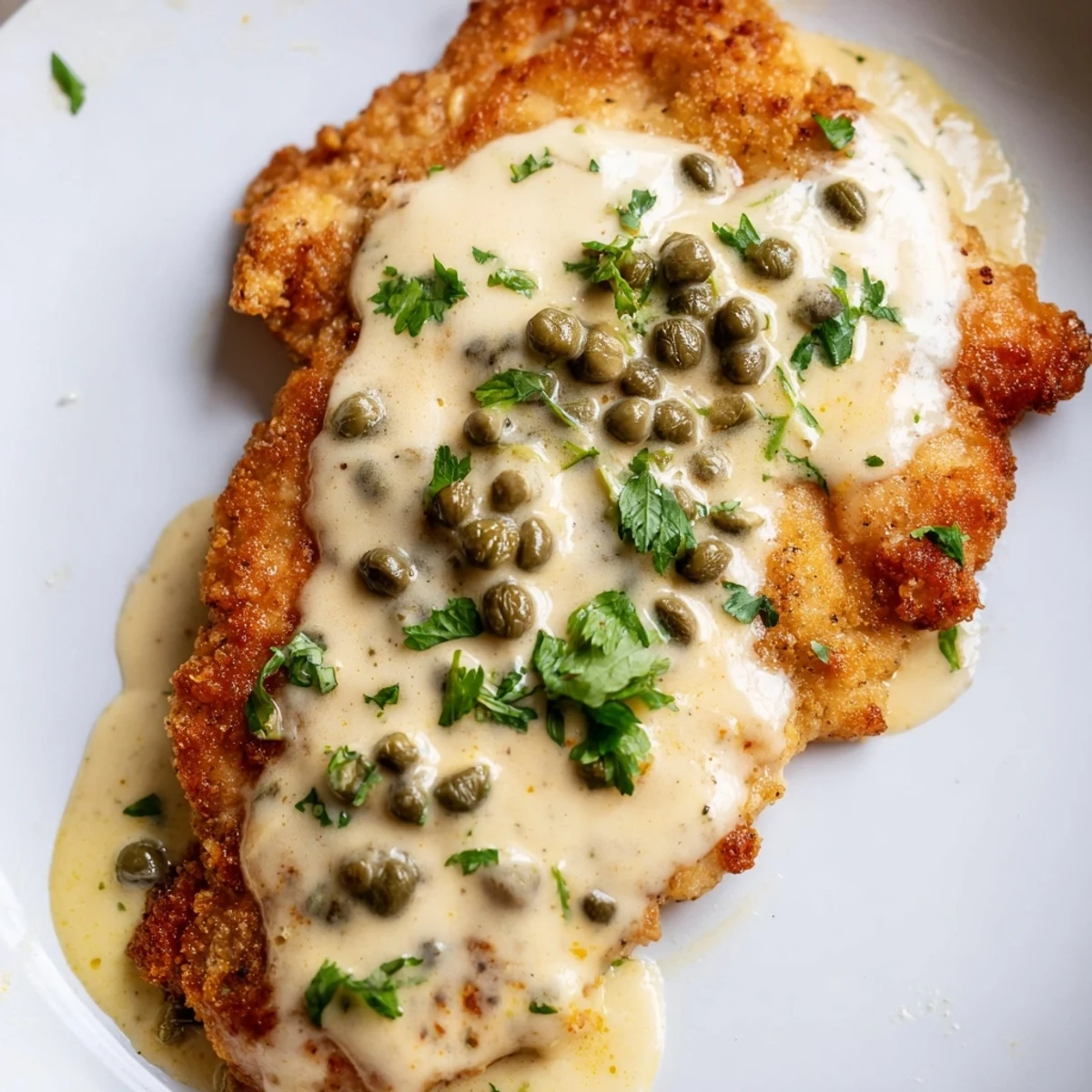 Tender breaded chicken piccata plated with roasted asparagus and drizzled with tangy lemon cream sauce.
