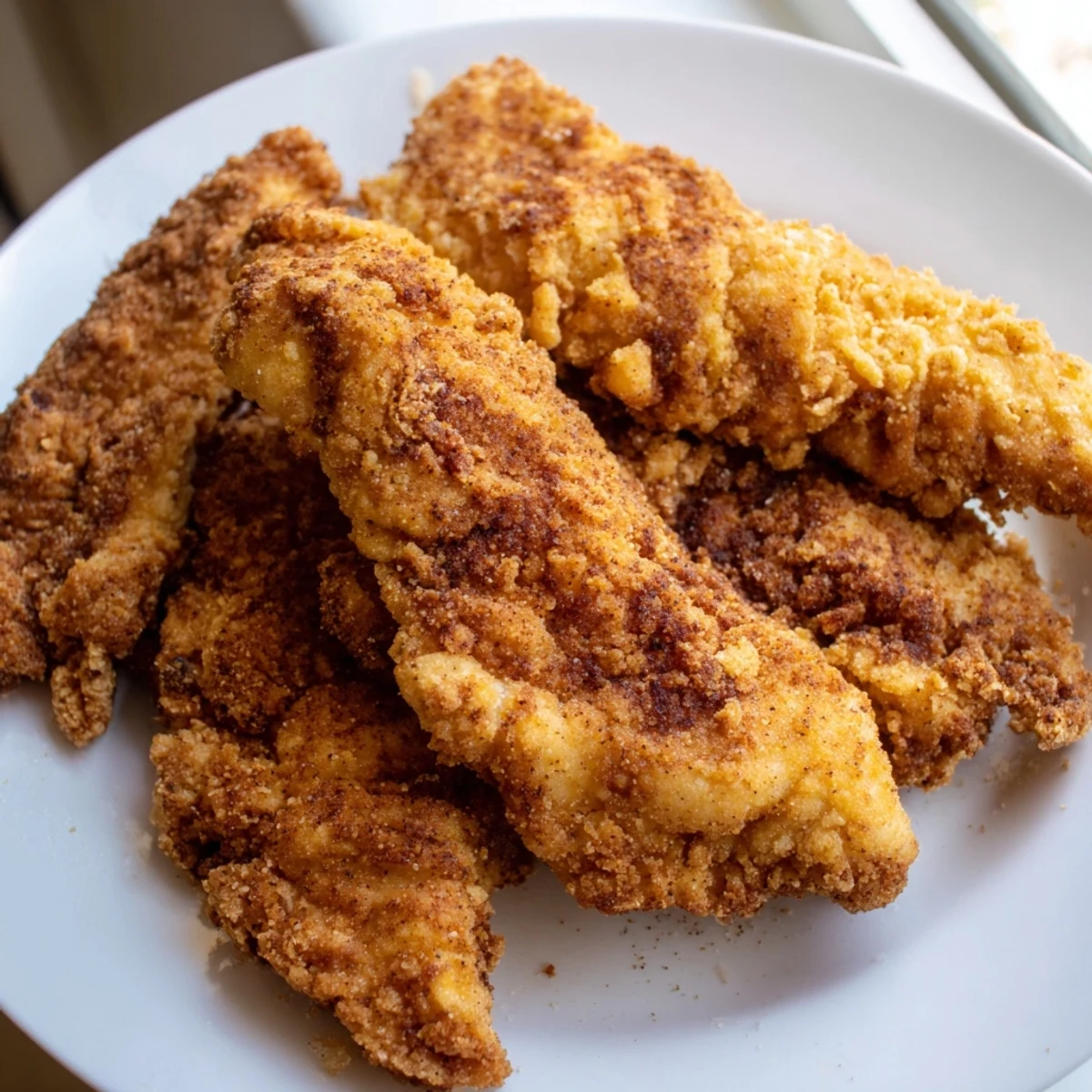 Golden, crispy fried chicken tenders resting on a paper towel-lined plate after frying.