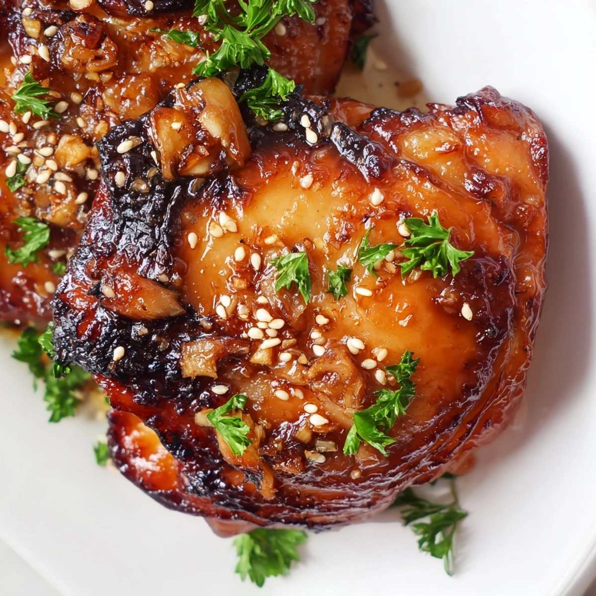 Golden-brown Honey Garlic Glazed Chicken thighs sizzling in a skillet with sticky, sweet-savory glaze.  