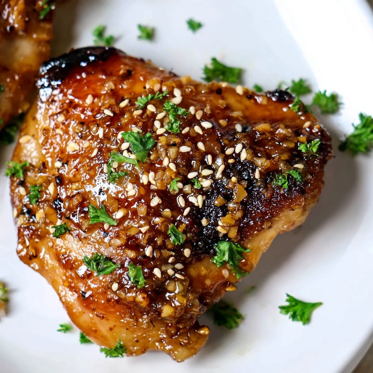 Honey Garlic Glazed Chicken served over steamed rice with parsley and sesame seed garnish.  