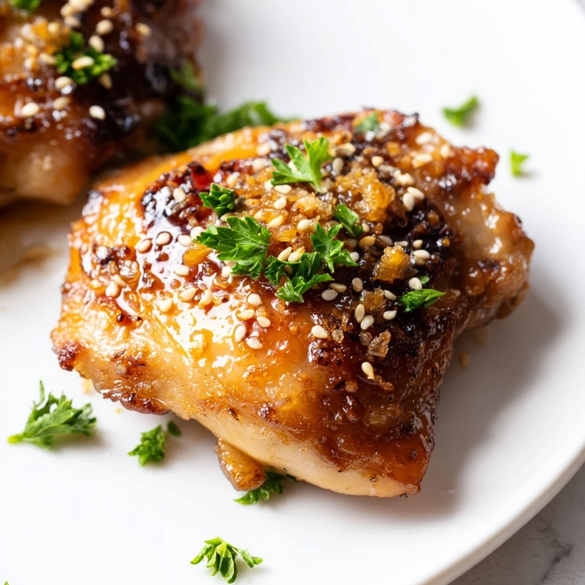 Tender Honey Garlic Glazed Chicken thighs with caramelized skin and rich, glossy sauce.