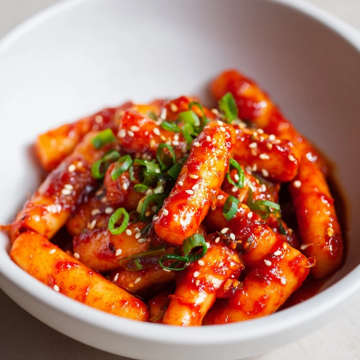 Steaming Korean Tteokbokki with chewy rice cakes and vibrant green onions, served in a rich gochujang sauce.