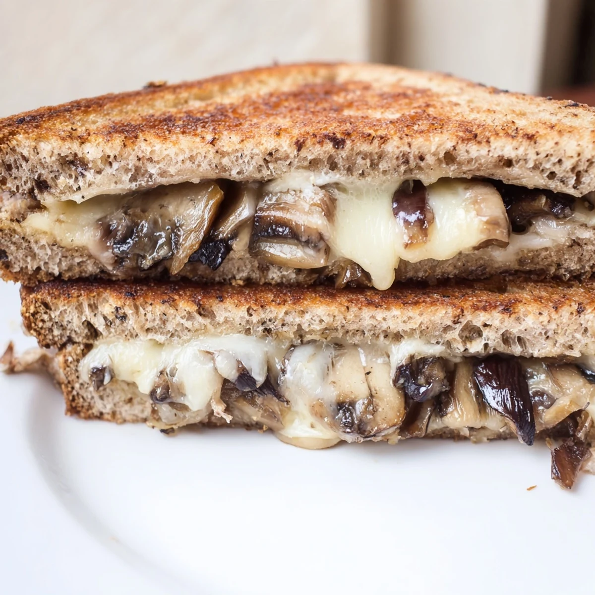 A delicious Mushroom Swiss Grilled Cheese sandwich, sliced to reveal layers of gooey Swiss cheese and tender mushrooms.