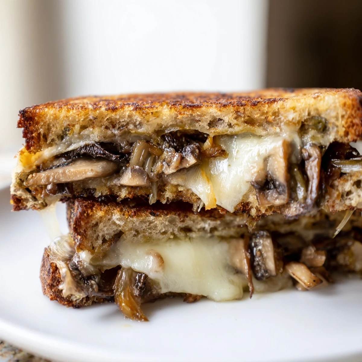 Homemade Mushroom Swiss Grilled Cheese served hot, featuring golden rye bread and a rich, vegetarian-friendly filling.