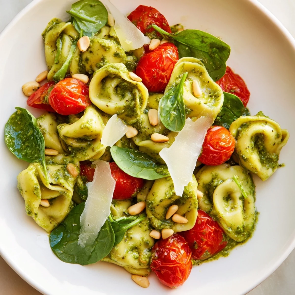 Bright bowl of Pesto Tortellini Salad with juicy cherry tomatoes and fresh baby spinach leaves.