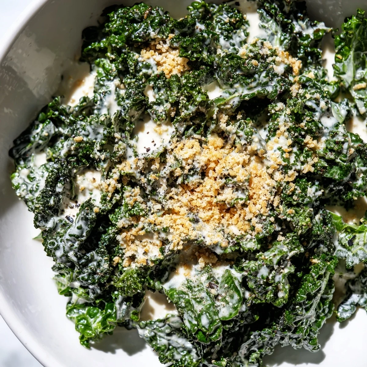 A vibrant Garlic Parmesan Kale Salad with shaved Parmesan, fresh lemon, and crunchy panko topping.  