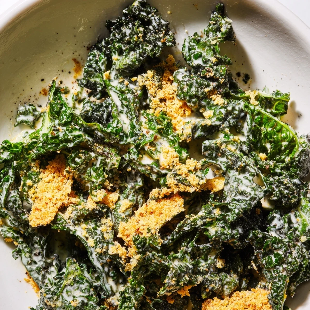 Garlic Parmesan Kale Salad features massaged kale leaves, creamy garlic-Parmesan dressing, and golden toasted breadcrumbs.  