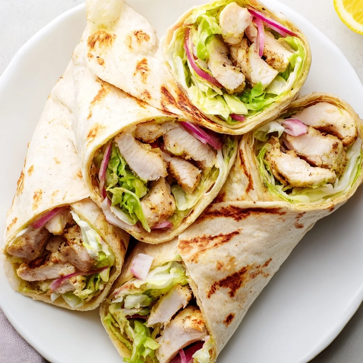 Freshly sliced tomatoes and red onion add crunch to this easy homemade Honey Mustard Chicken Wrap, served warm on a rustic plate.