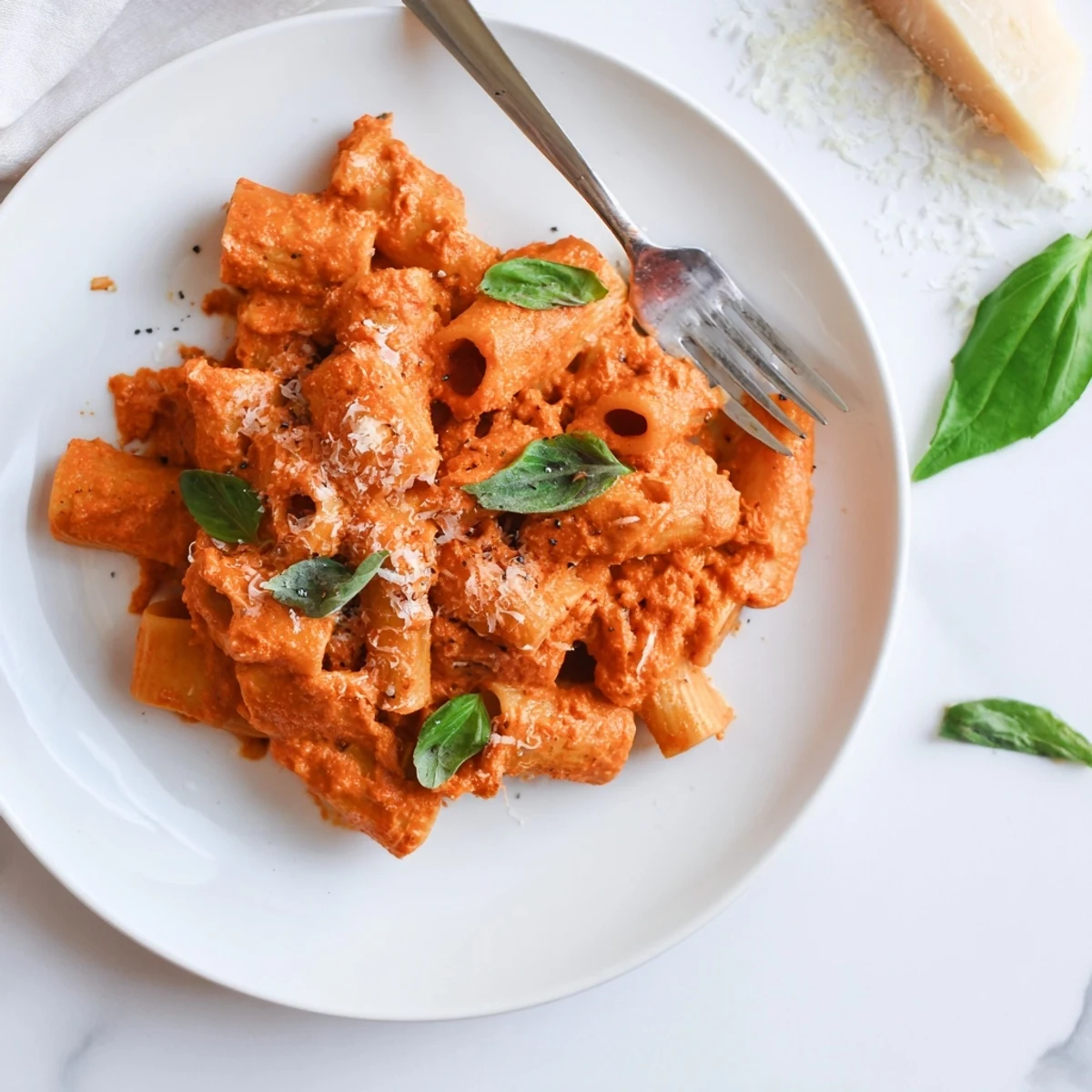 Hearty rigatoni pasta coated in a creamy, mildly spicy tomato sauce, garnished with fresh basil and grated Parmesan.  