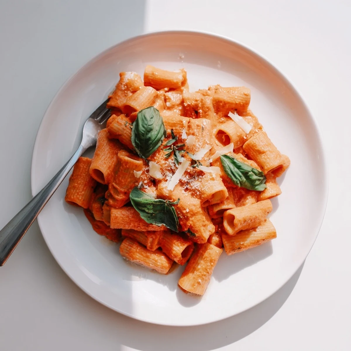 Steaming rigatoni pasta tossed in a rich, spicy tomato cream sauce, served hot for a comforting Italian-American meal.  