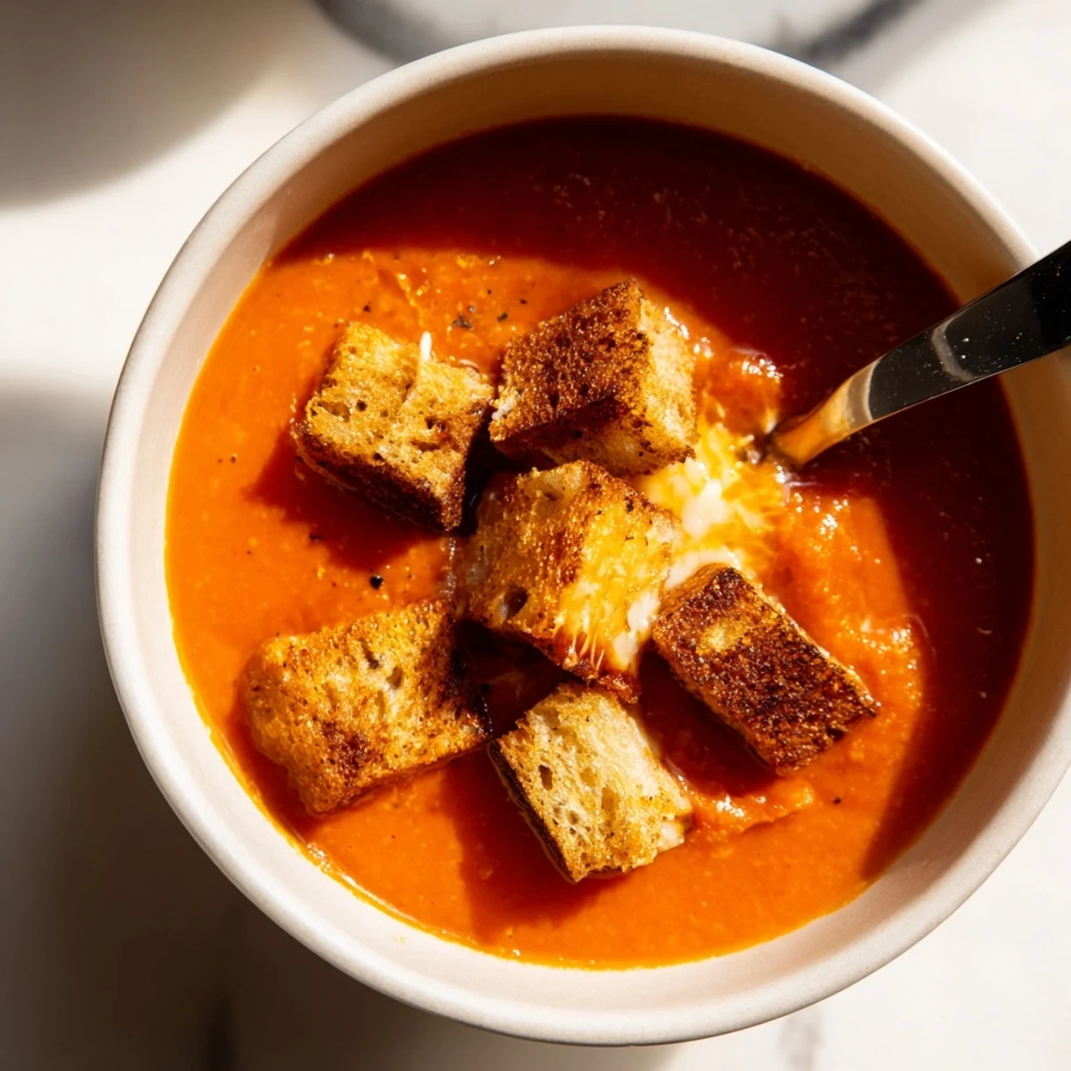 Hot, bubbling roasted tomato soup served in a rustic bowl with bite-sized grilled cheese croutons melting on top.