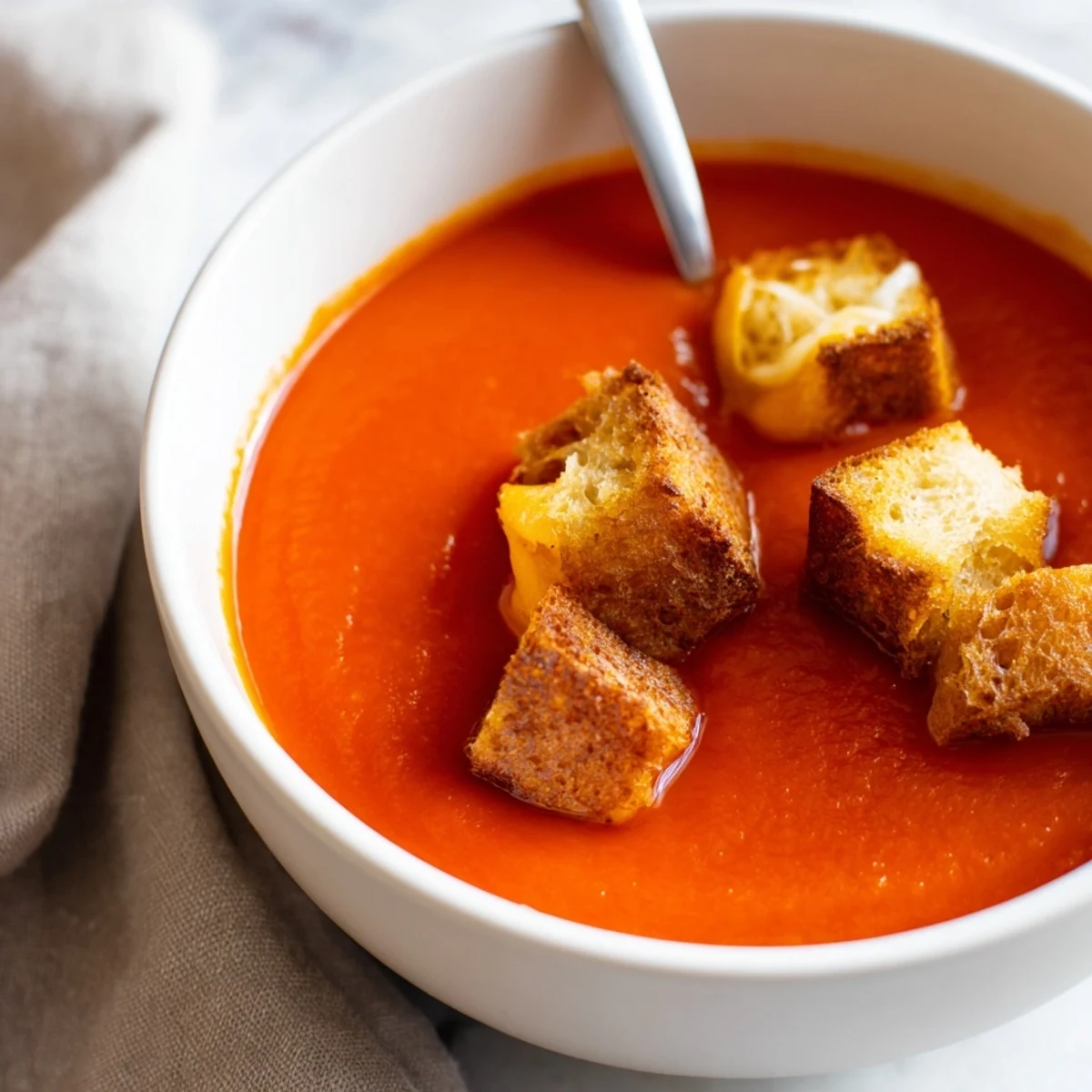 Golden roasted tomatoes and caramelized onions blend into a velvety, creamy tomato soup, topped with crispy grilled cheese croutons.
