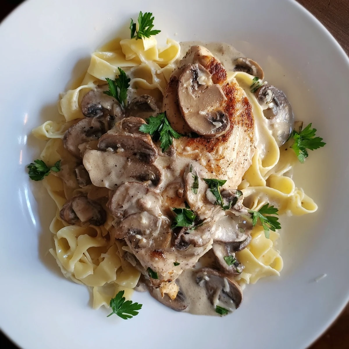Steaming Creamy Chicken Marsala with tender pasta, rich mushroom sauce, and fresh parsley garnish for a comforting dinner.  