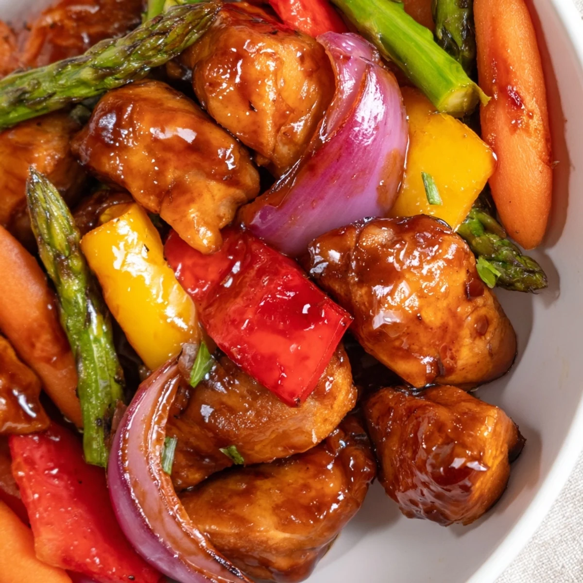 Golden, caramelized pieces of honey garlic chicken roast alongside vibrant bell peppers and tender asparagus on a single sheet pan for an easy weeknight dinner.