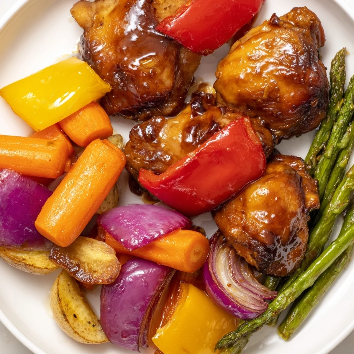 Savory-sweet glazed chicken and colorful spring vegetables are beautifully arranged on a parchment-lined sheet pan, ready to be served with fluffy rice.