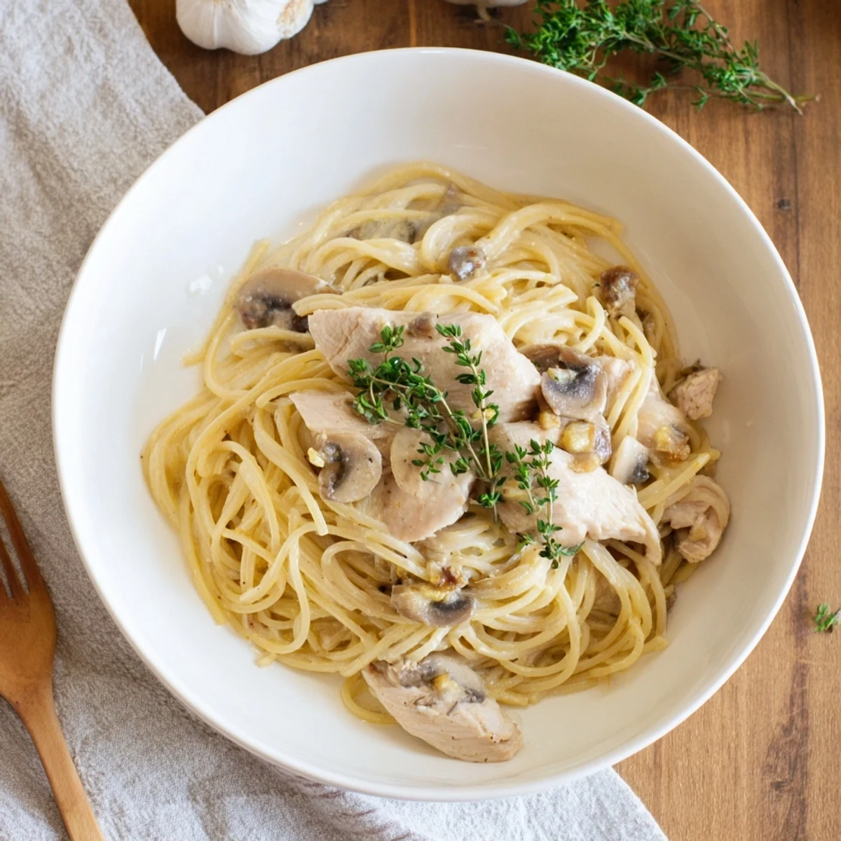 A comforting bowl of creamy mushroom chicken spaghettini, featuring sautéed cremini mushrooms, wilted spinach, and a sprinkle of Parmesan.