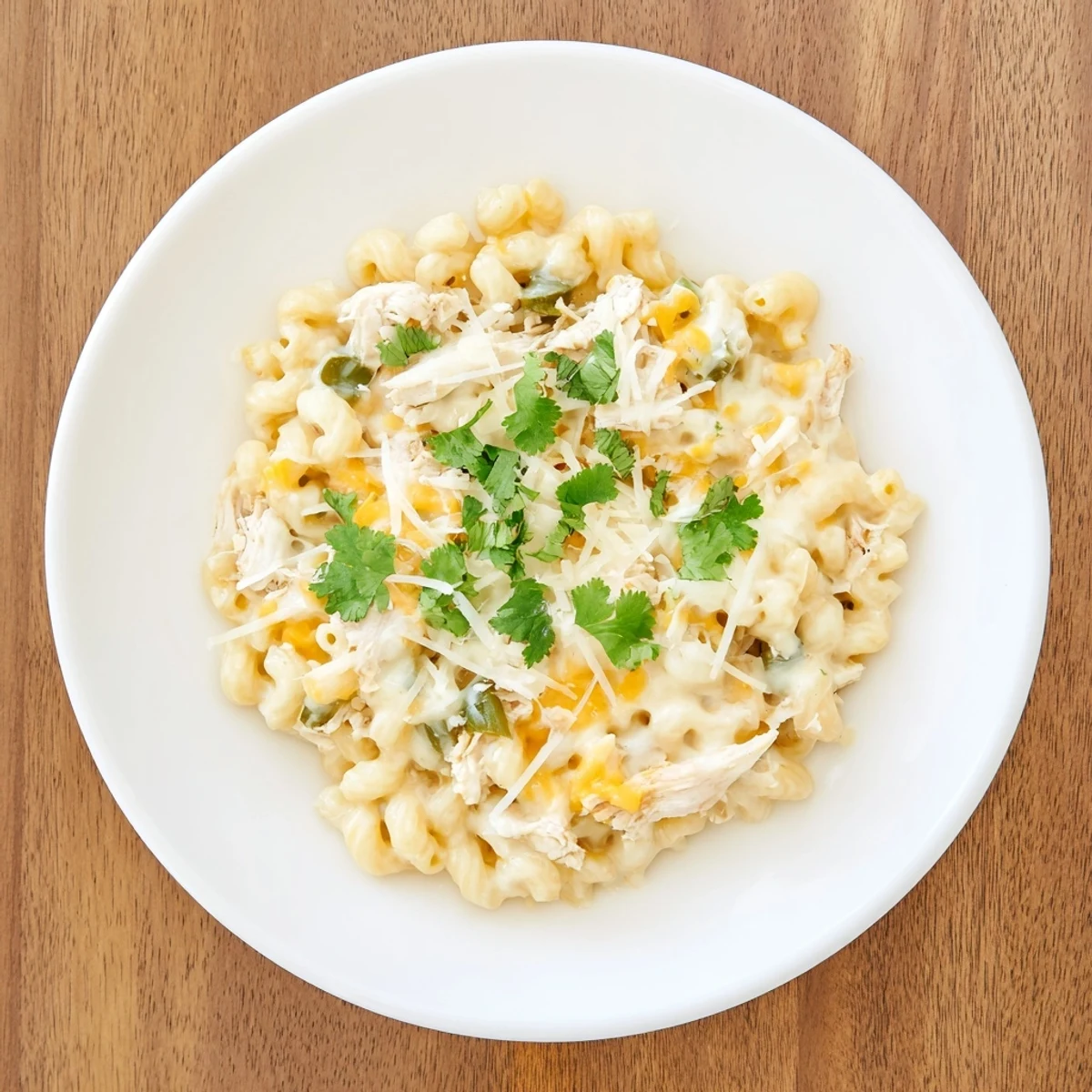 Creamy Green Chili Chicken Mac pasta with tender diced chicken and mild green chiles in a skillet.