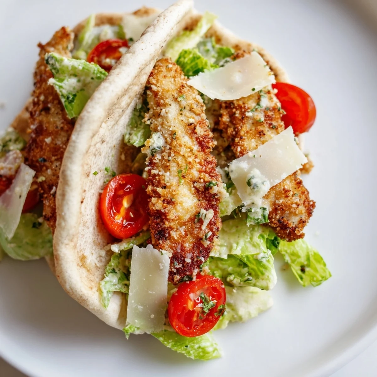 Golden, crispy herbed chicken Caesar pitas filled with fresh romaine salad and shaved Parmesan on warm pita pockets.