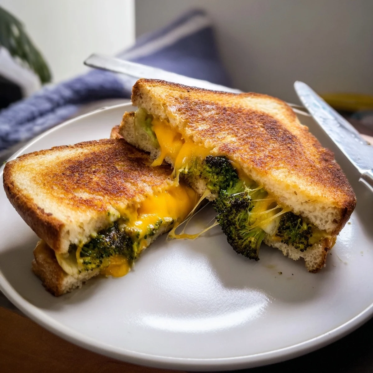 Golden toasted sourdough bread holds melted sharp cheddar and tender roasted broccoli florets in this savory sandwich.  