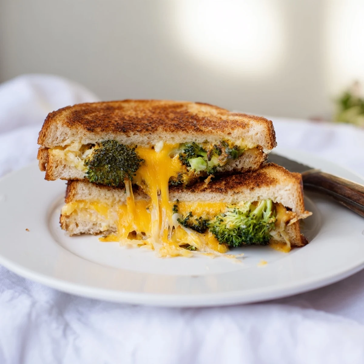 Two halves of a crispy, golden grilled cheese sandwich stacked on a plate, featuring roasted broccoli and melted cheddar.