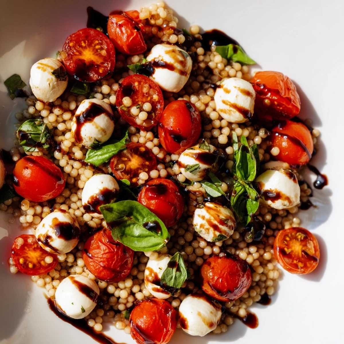 Close-up view of Caprese Couscous Salad showing juicy red tomatoes, creamy mozzarella, and fresh basil leaves nestled in fluffy pearled couscous.