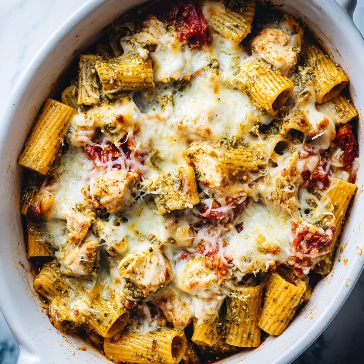 A close-up of golden-baked Pesto Chicken Pasta Bake, with melted mozzarella and vibrant basil pesto sauce bubbling in a casserole dish.