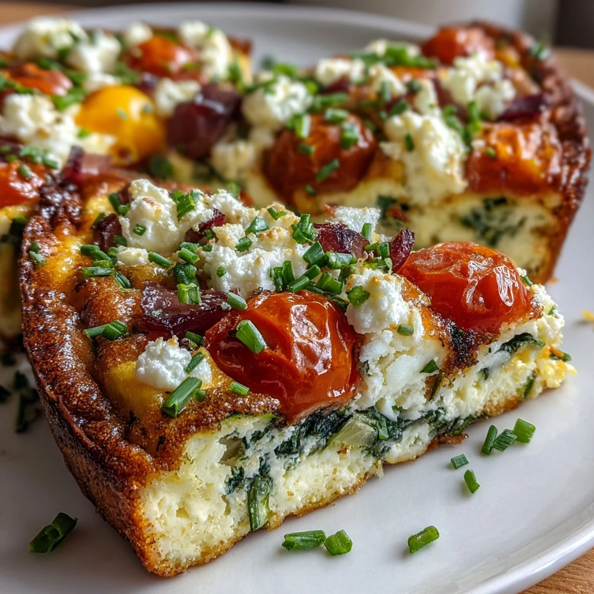 Golden-brown High-Protein Sheet Pan Eggs With Cottage Cheese and Veggies sliced into squares on a wooden board.  