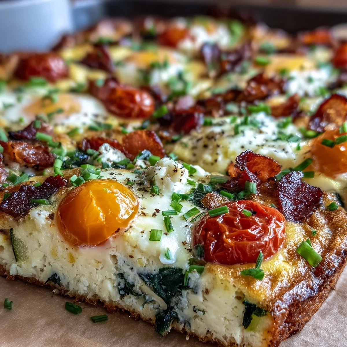 Freshly baked High-Protein Sheet Pan Eggs With Cottage Cheese and Veggies garnished with herbs on a sheet pan.  