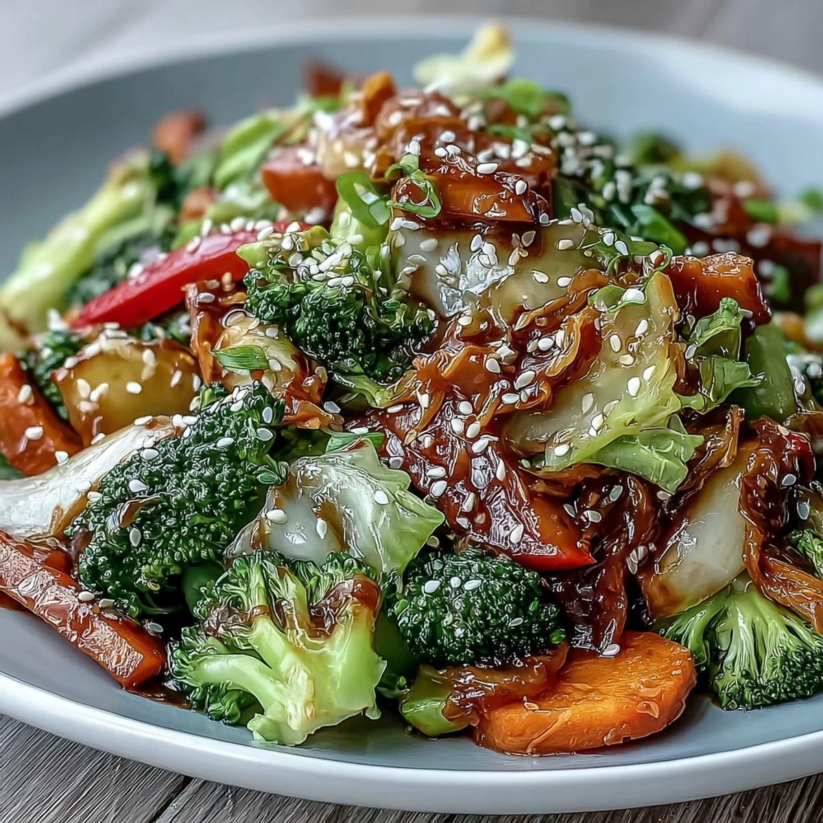A steaming bowl of Comforting Fermented Veggie Winter Stir-Fry with colorful broccoli, carrots, and spicy kimchi.