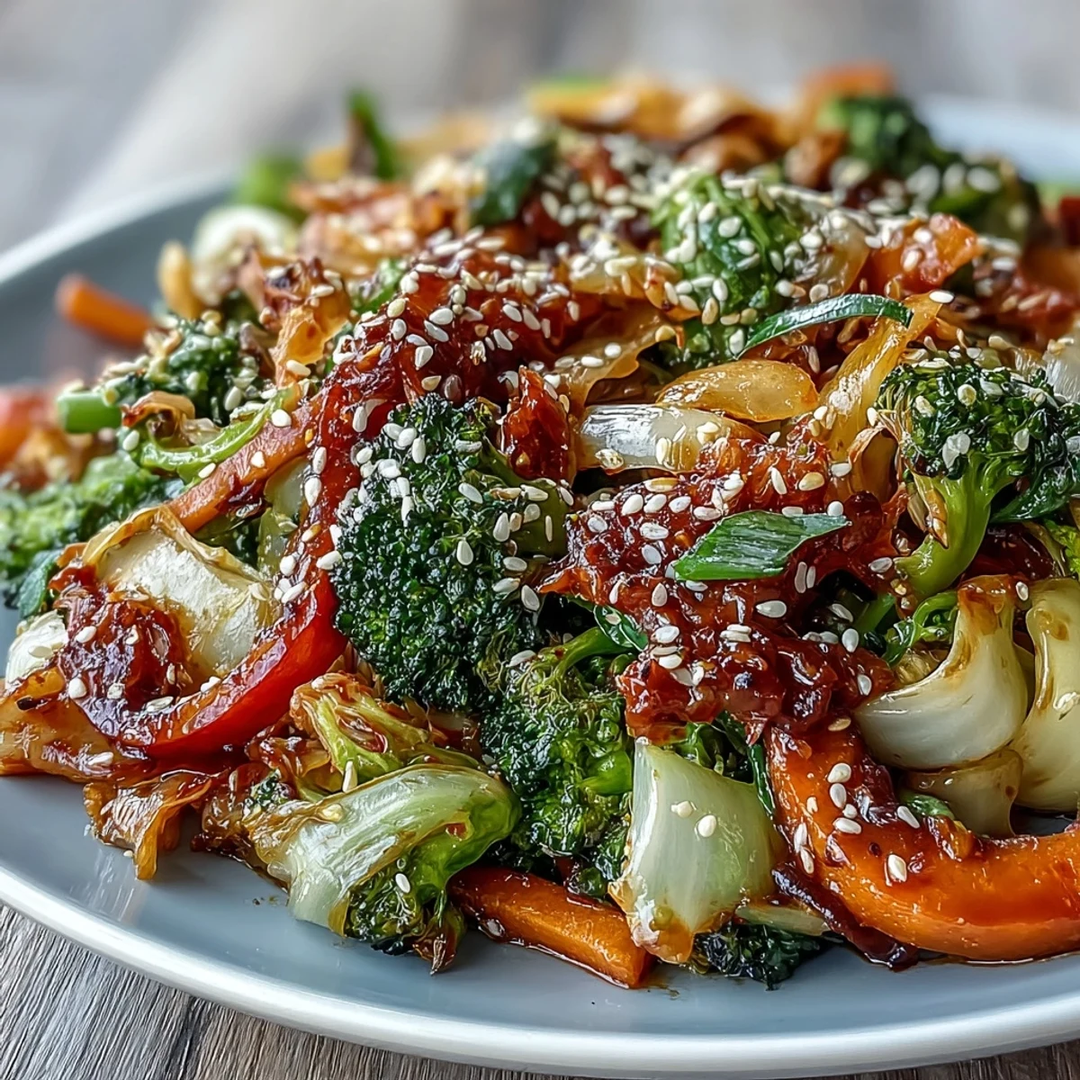Quick sautéed winter vegetables tossed in sesame oil and finished with vibrant kimchi in this stir-fry.