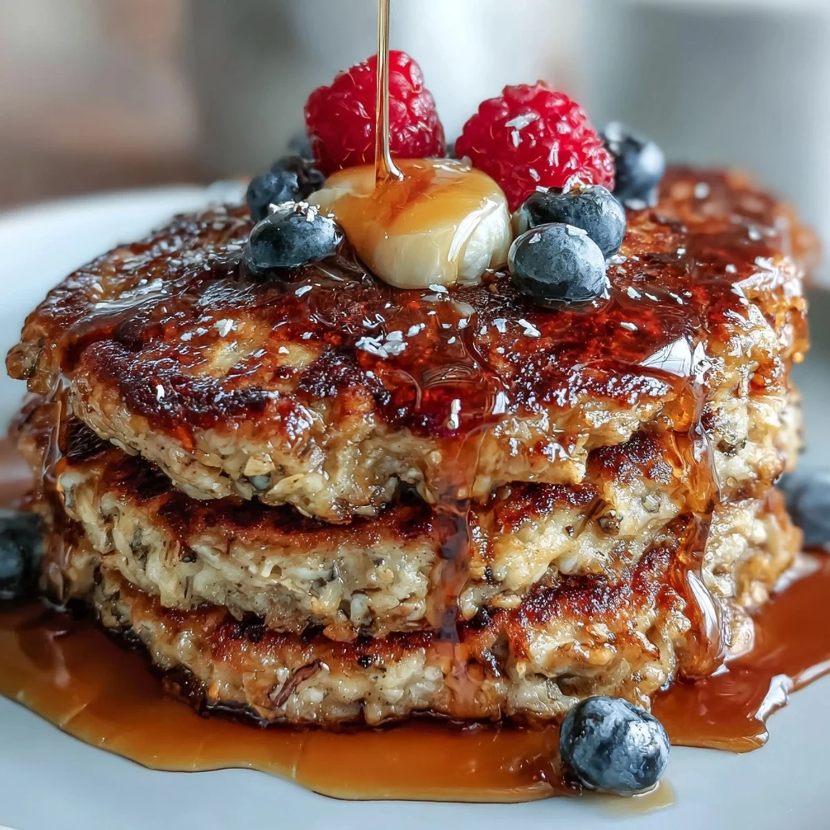 Freshly cooked Banana Oat Pancakes with a fluffy texture, served alongside fresh berries and a small pitcher of maple syrup on a wooden table.