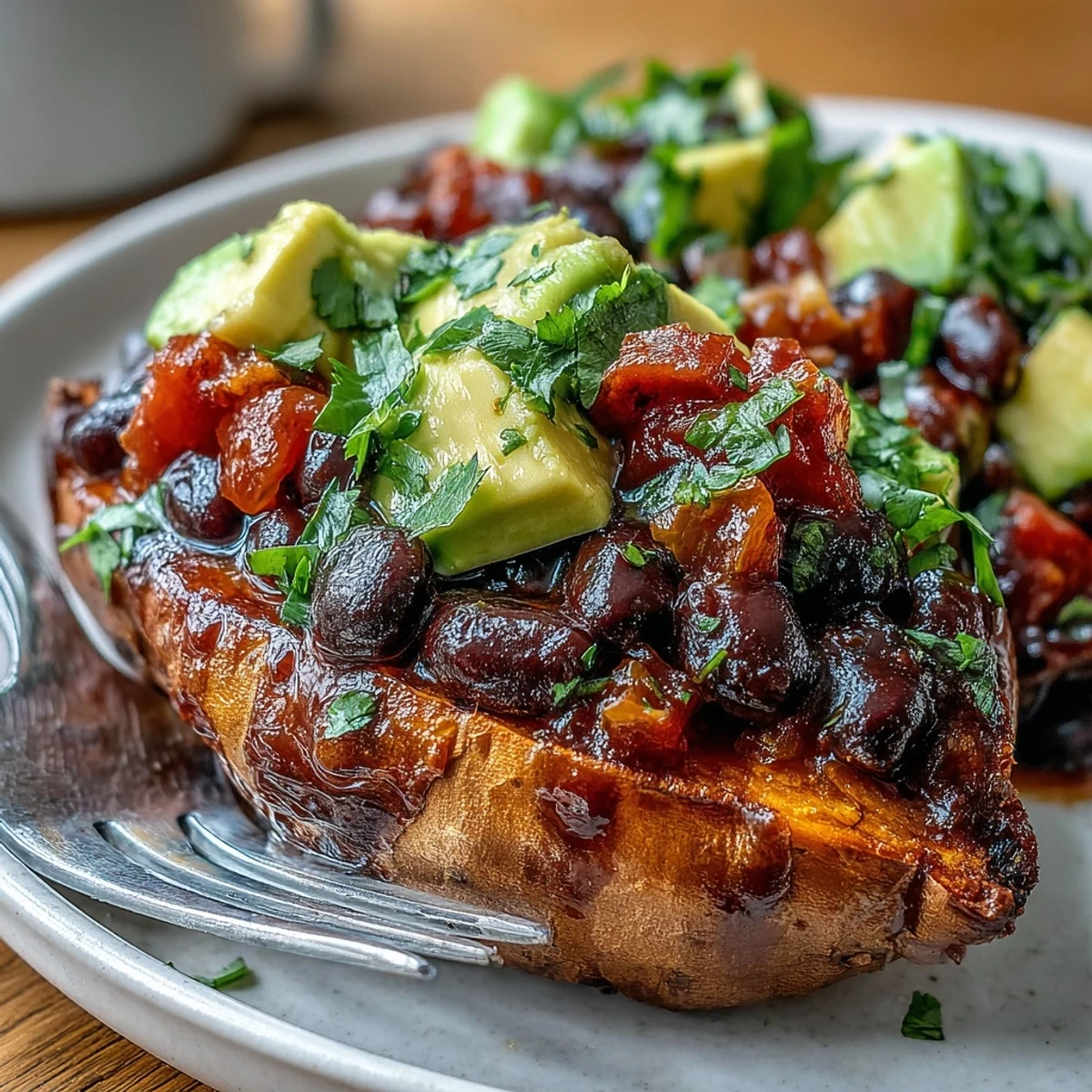 Perfectly roasted sweet potatoes topped with smoky chipotle black beans and fresh zesty tomato salsa.  