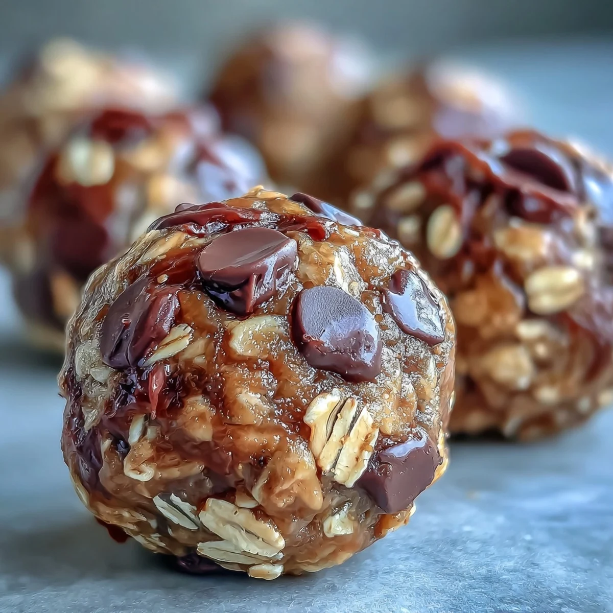 Homemade Banana Chocolate Chip Energy Balls with mini chocolate chips, packed into an airtight container.