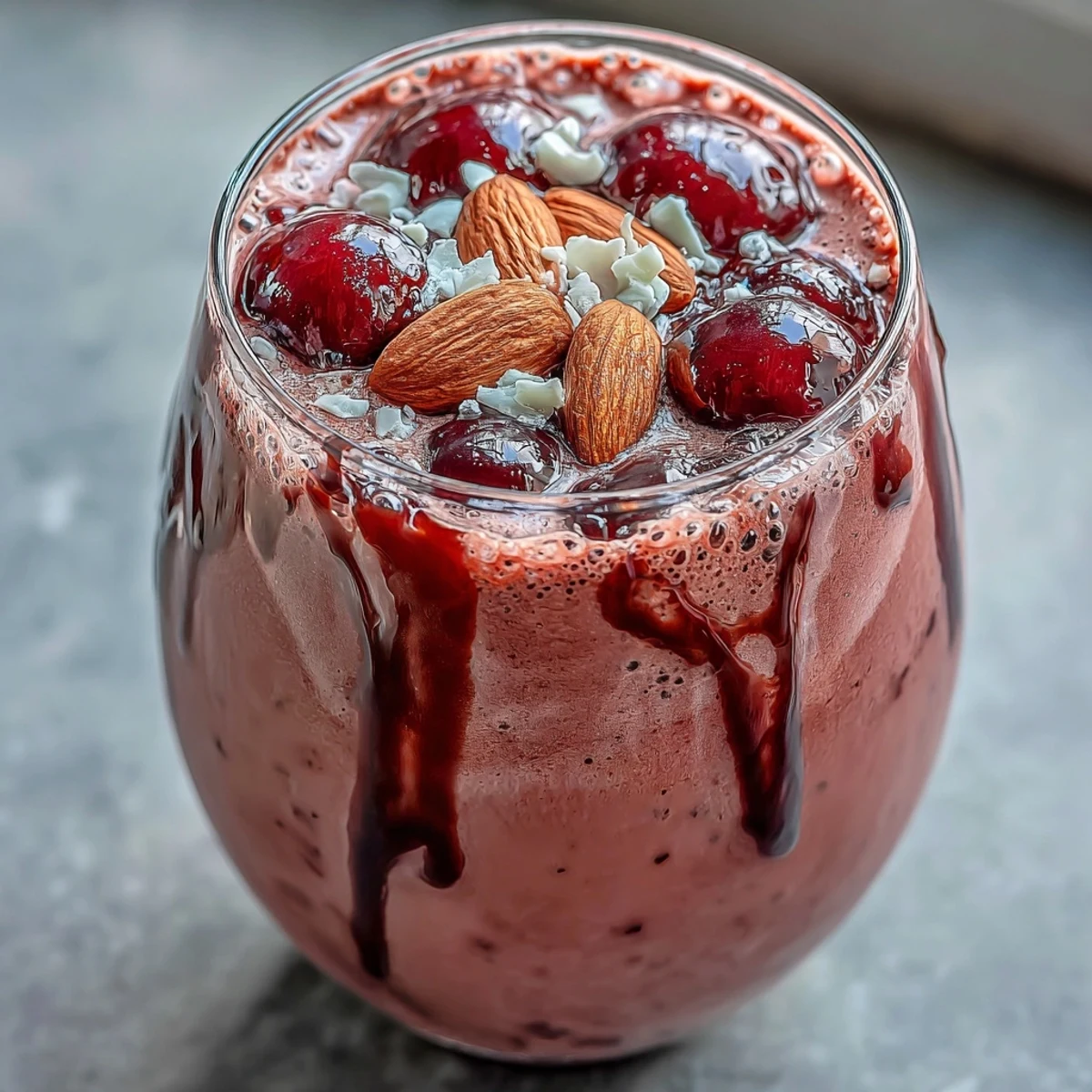Creamy Cherry Almond Smoothie with tart cherries and almond butter served in a glass, topped with sliced almonds.
