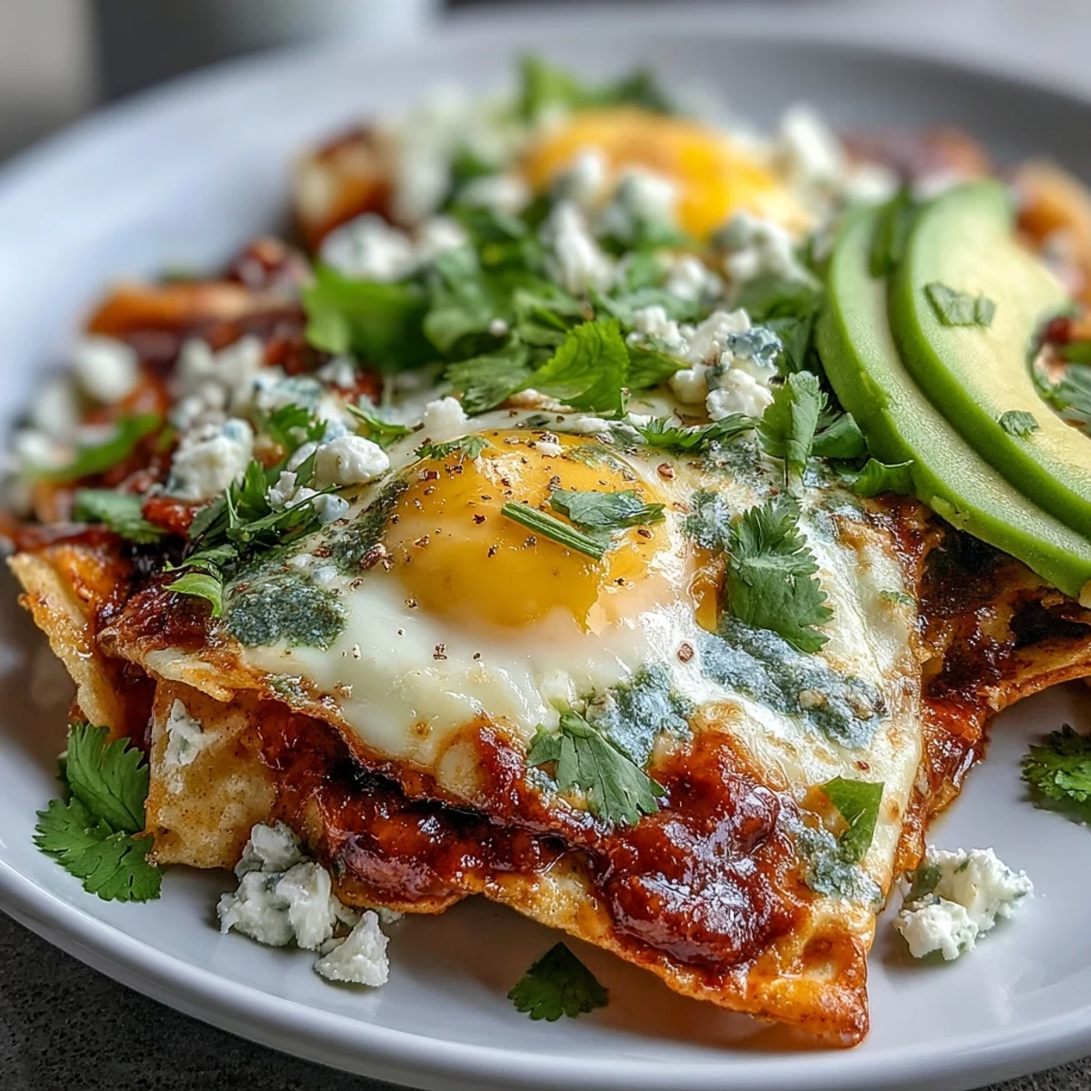 Freshly prepared chilaquiles served on a plate, garnished with sliced avocado, crumbled queso fresco, and a drizzle of sour cream.