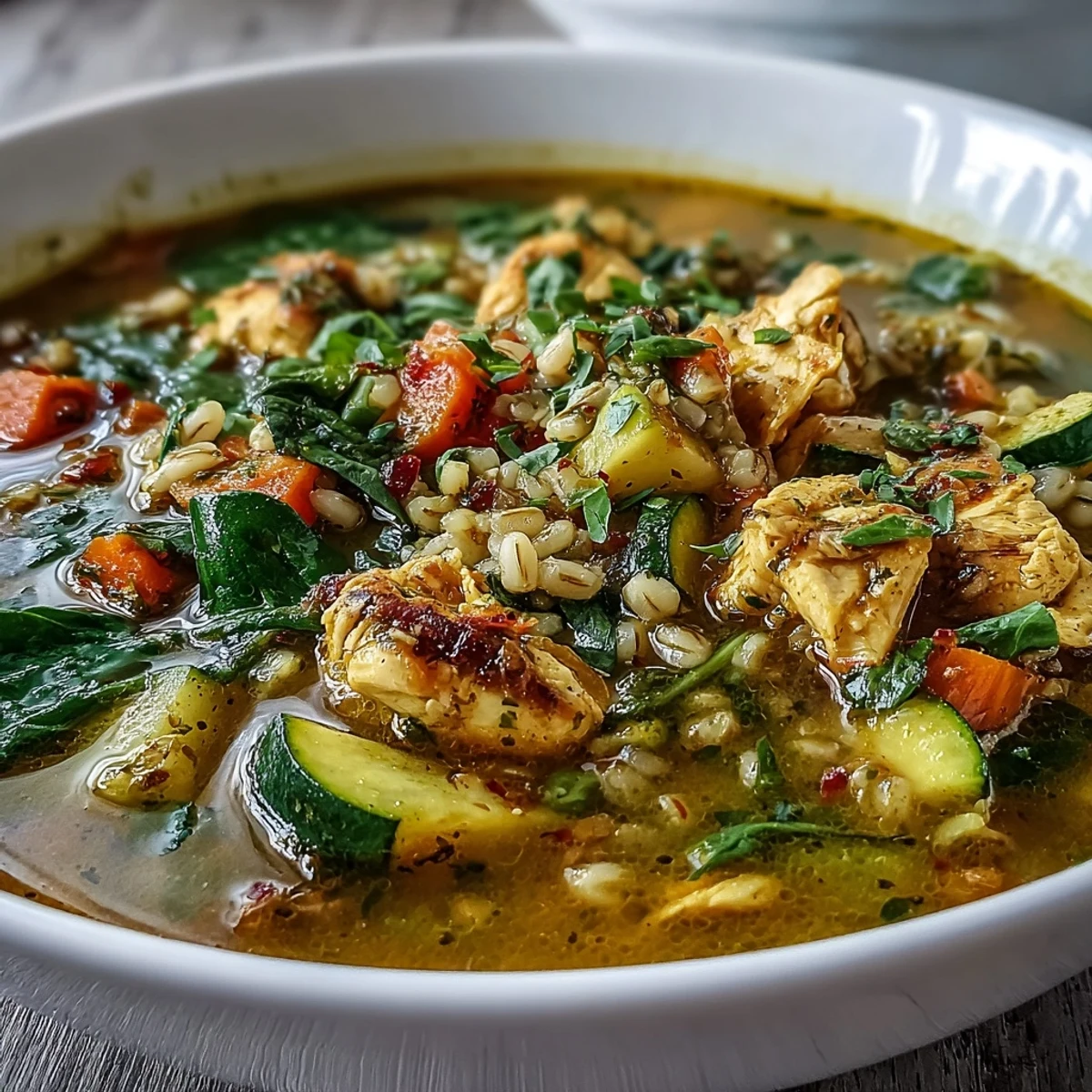 Golden turmeric chicken with tender barley, a comforting, soul-warming bowl.
