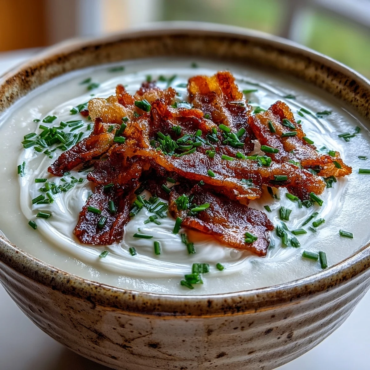 Creamy Celeriac Soup with Crispy Bacon served in a rustic bowl, garnished with chopped chives and a drizzle of heavy cream.