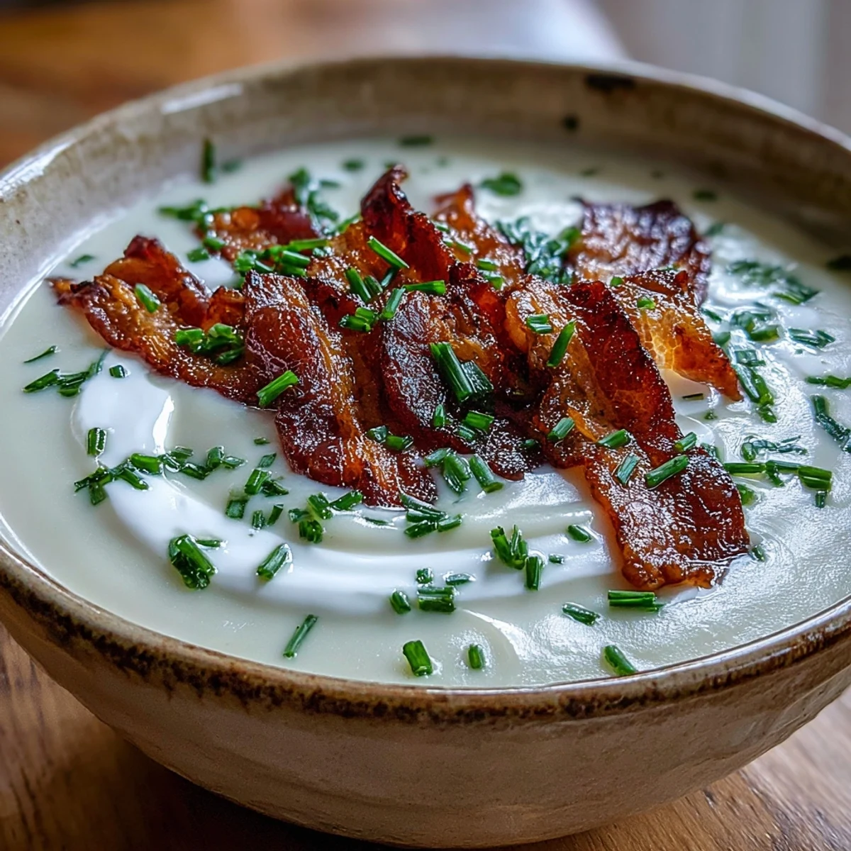 Close-up of Creamy Celeriac Soup with Crispy Bacon, featuring golden crumbles atop a velvety, pale soup, ready to serve.