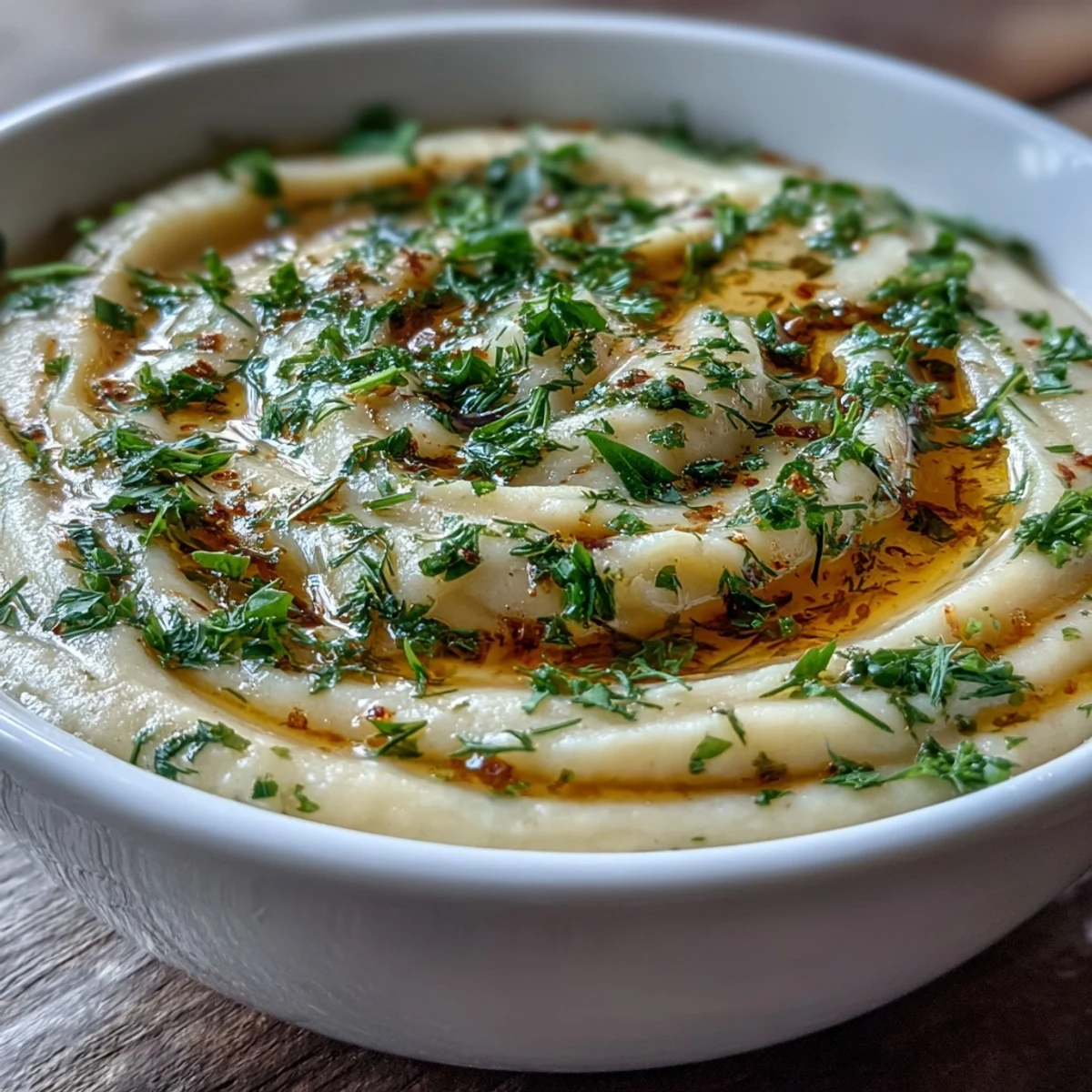 A bowl of Parsnip and Herb Soup topped with dill and chives, ready to serve with crusty bread.