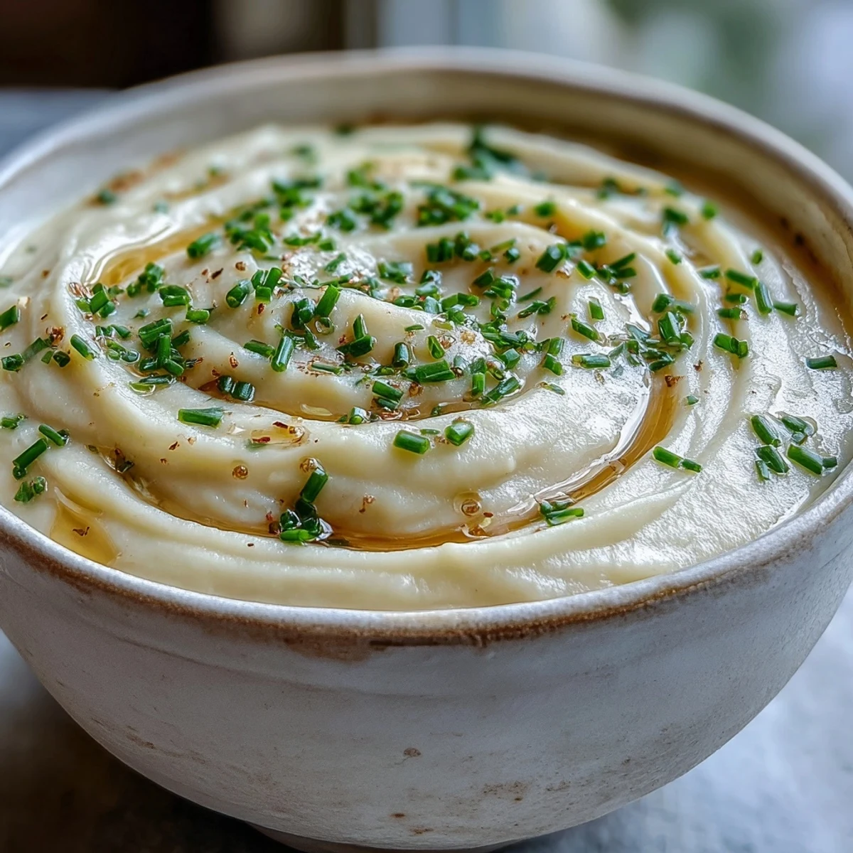 Creamy Celery Root Bisque in a white bowl, garnished with fresh chives and a drizzle of cream, with a rustic bread slice on the side.