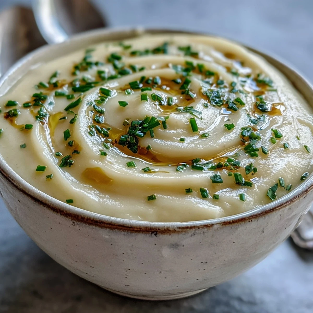 Overhead view of Creamy Celery Root Bisque in a ceramic bowl, garnished with chives and served beside a glass of white wine.